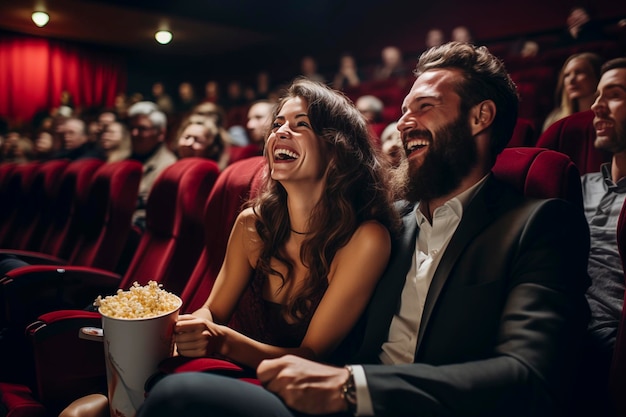 xAEngaged couple man with beard sitting near attractive woman having fun sitting at the cinema watching a movie and eating popcorn Friendship entertainment concept