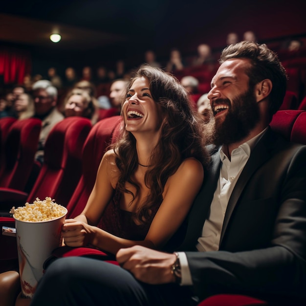 xAEngaged couple man with beard sitting near attractive woman having fun sitting at the cinema watching a movie and eating popcorn Friendship entertainment concept
