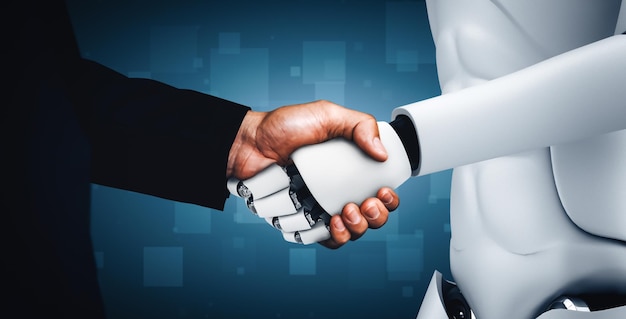 Foto xai 3d rendering humanoïde robot handshake om samen te werken met toekomstige technologie
