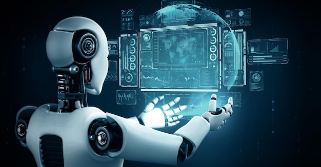 仮想ホログラム画面を掲げてビッグデータの概念を示す XAI 人類型ロボット
