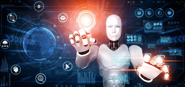 Робот-гуманоид Xai ai, касающийся голограммы, показывает концепцию глобальной связи