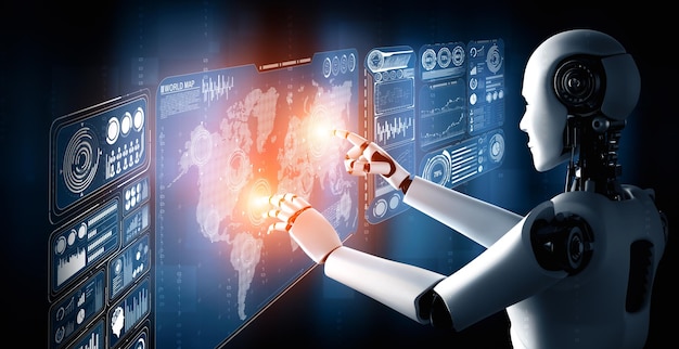 Xai ai humanoid robot touching virtual hologram screen showing concept of big data
