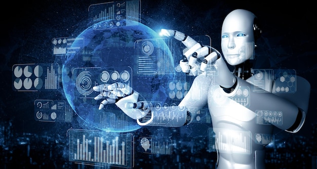 Xai ai humanoïde robot die een virtueel hologram scherm aanraakt dat het concept van big data toont