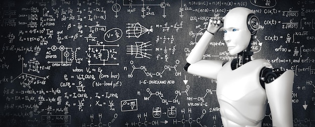 Xai denken ai humanoïde robot analyseren scherm van wiskunde formule en wetenschap