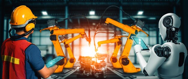XAI Gemechaniseerde industriële robot en menselijke werknemer werken samen in de fabriek van de toekomst