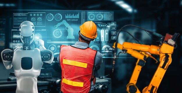 Xai gemeganiseerde industrie robot en menselijke werknemer werken samen in de toekomstige fabriek