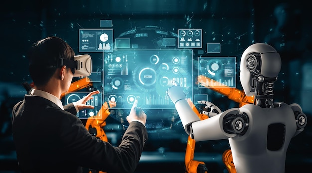 将来の工場で一緒に働く機械化された産業ロボットと人間労働者