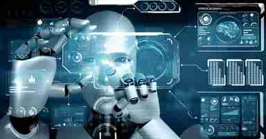 Photo xai robot hominoid hold hud hologram screen in concept of ai thinking brain