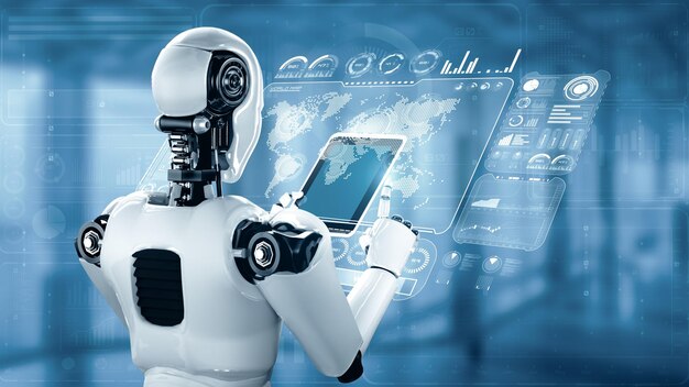 XAI ロボットホミノイドはタブレットコンピュータを使用してビッグデータ分析を行います