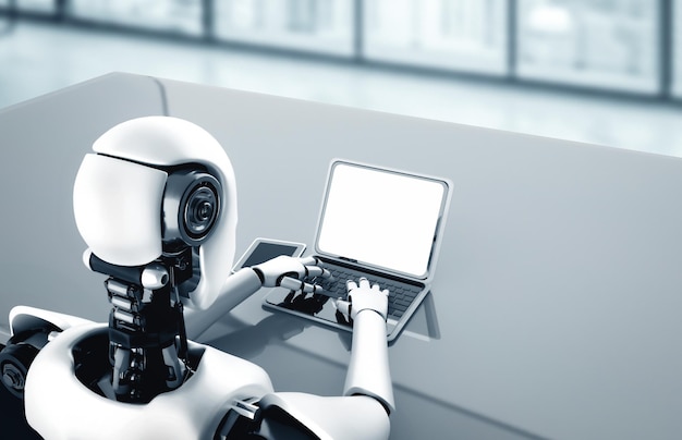 Xai robot humanoïde gebruik laptop en zitten aan tafel in het toekomstige kantoor