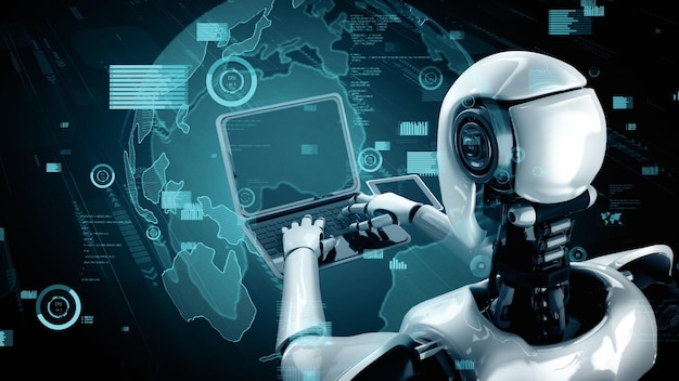 Xai toekomstige financiële technologie gecontroleerd door ai robot humanoïde maakt gebruik van machine learning