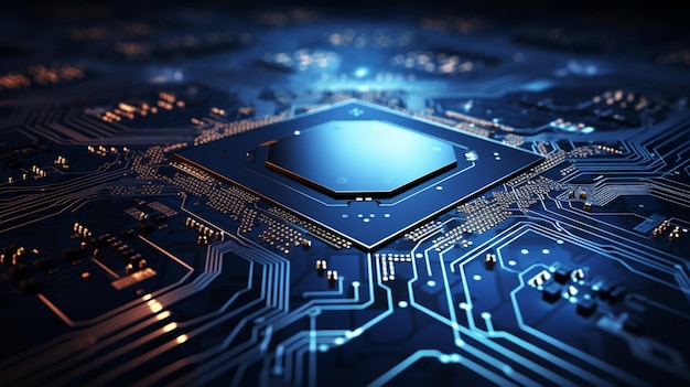 xAMicrochip elektronische processor moederbord digitale technologie achtergrond blauwe kleur