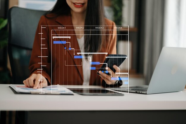 プロジェクトマネージャー (Project Manager) はミルストーン (Milestones) 進 (Progress) 計画 (Planning) ガントチャート (Gantt Chart) スケジューリング (Scheduling) ダイアグラム (Diagram) ビジネス (Business) オフィス (Office) でスマートフォンタブレット
