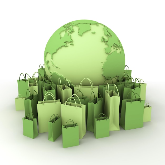 Photo xaworld globe surrounded by shopping bags in green shadesxa