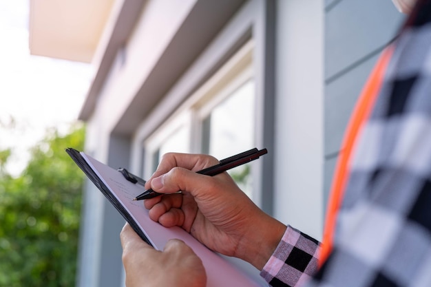 XDxAInspector or engineer is checking and inspecting the building or house by using checklist Engineers and architects work on building the house before handing it over to the landlord