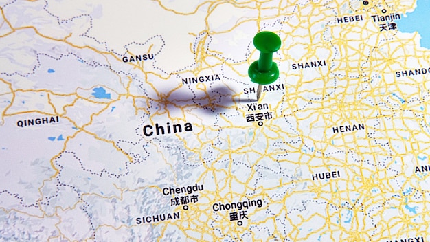 Xi'an, China on a map showing a colored pin