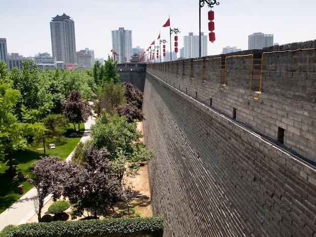 Xian ancient city wall with pagodas.