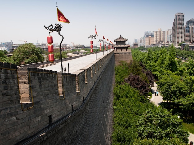 Xian ancient city wall with pagodas.