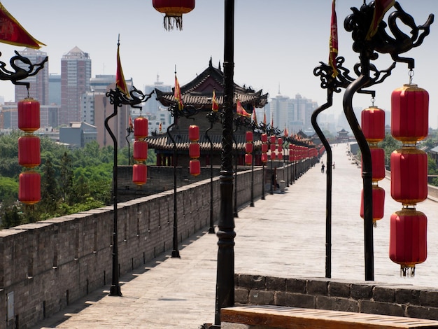 Xian ancient city wall with pagodas.