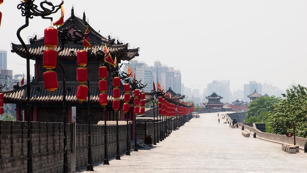 Xian ancient city wall with pagodas.