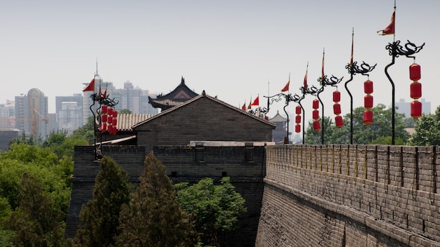 Xian ancient city wall with pagodas.