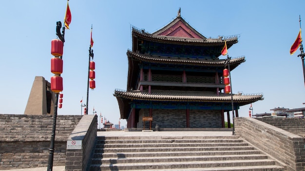 Xian ancient city wall with pagodas.