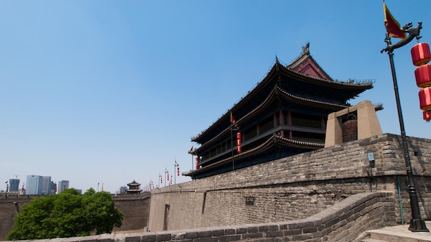 Xian ancient city wall with pagodas.