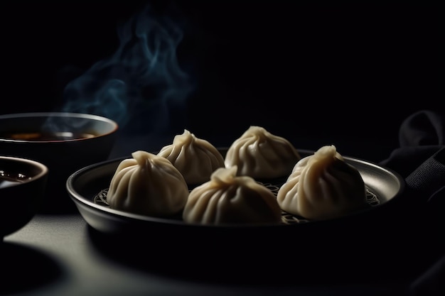 Xiaolongbao Soep Dumplings Op Zwarte Plaat Generatieve AI