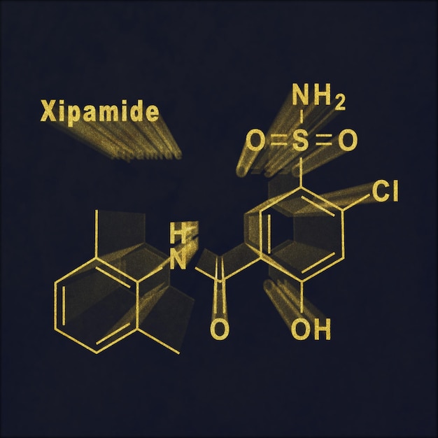 Xipamide 분자, 어두운 배경에 화학 구조 금