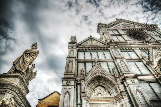 XIX century Dante Alighieri statue and Santa Croce cathedral in Florence Italy