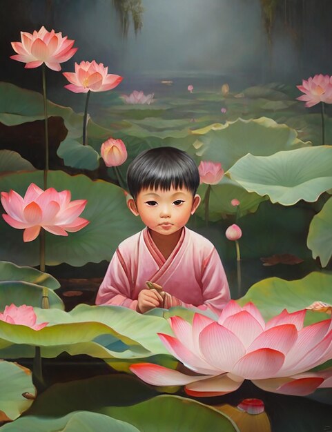 XL Little Child Alone in the Lotus Lake