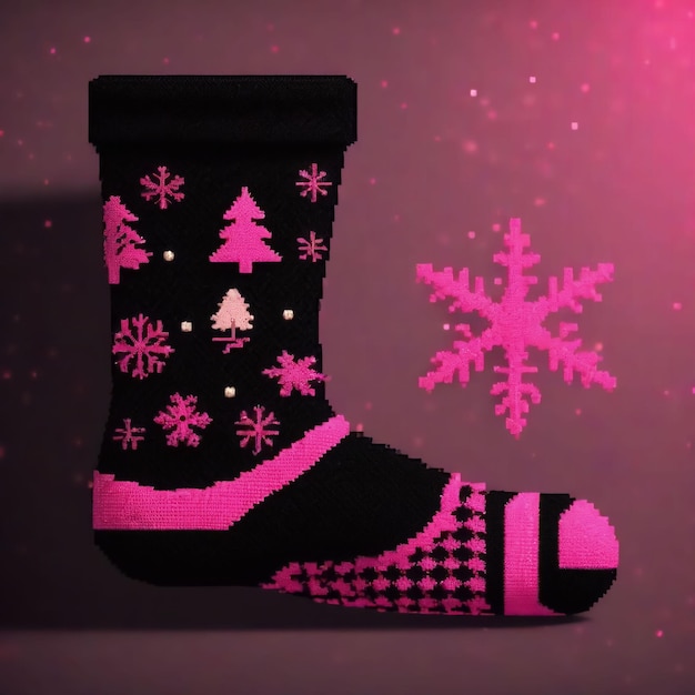 Xmas 黒とピンクの靴下 ピクセルアートデザインの靴下 クリエイティブな服