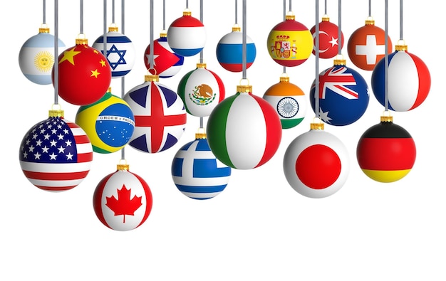 Foto celebrazione di natale nel mondo bandiere nazionali palle di natale isolate su sfondo bianco