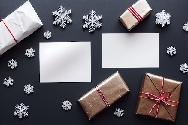 Рождественские украшения, подарочная коробка, снежинки, рождественские подарки, вид сверху, плоская планировка