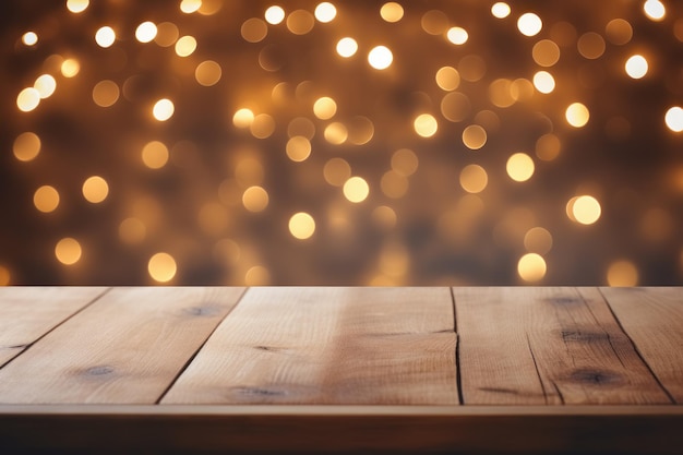 クリスマスの空のぼやけた背景に黄色のボケ味、モンタージュ用のコピー スペースを持つ木製のテーブル