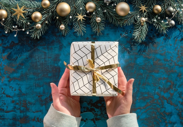 Xmas flat lay on turquoise wood