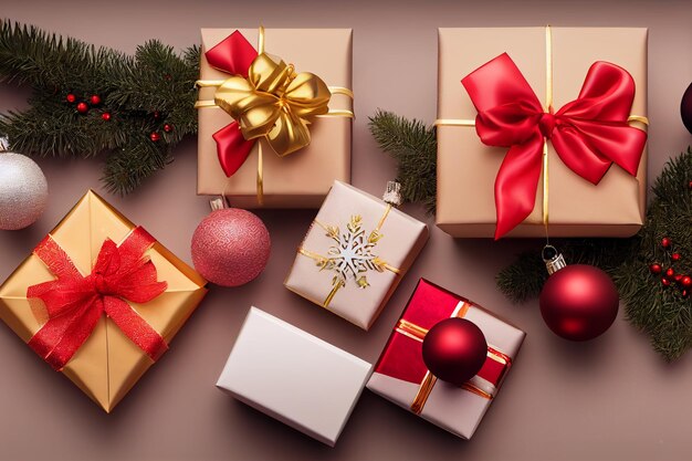 장식 공 나무와 크리스마스 선물 상자 평면 누워 상위 뷰 크리스마스 선물 그림