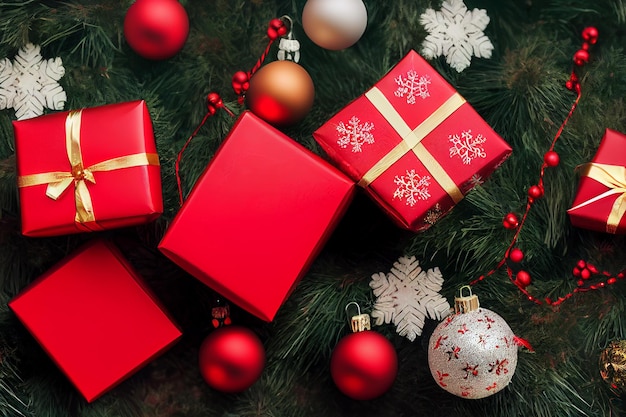 Рождественская подарочная коробка с украшениями елочные шары Рождественский подарок иллюстрация Плоский вид сверху
