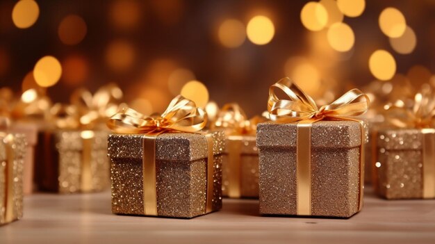 Xmas gifts on christmas lights bokeh background Ai generative