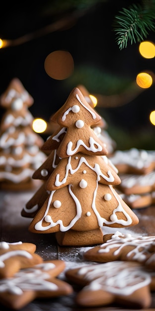 Xmas gingerbread in xmas tree shape with white cream decoration Vertical orientation