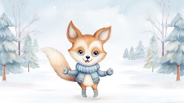 Xmas greeting card with cute little fox Winter holidays concept Watercolor illustration