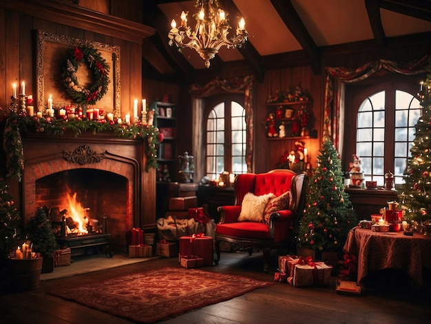 Photo xmas interior with fireplace and candles ai generated image