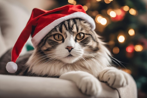 xmas thema Kat draagt een kerstmuts met kerstversiering op de achtergrond