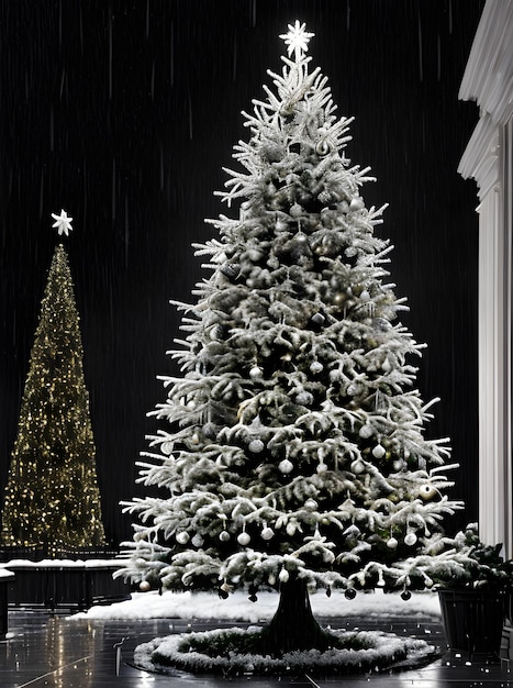 Xmas tree rain 3D shadows black white Generative AI Generated