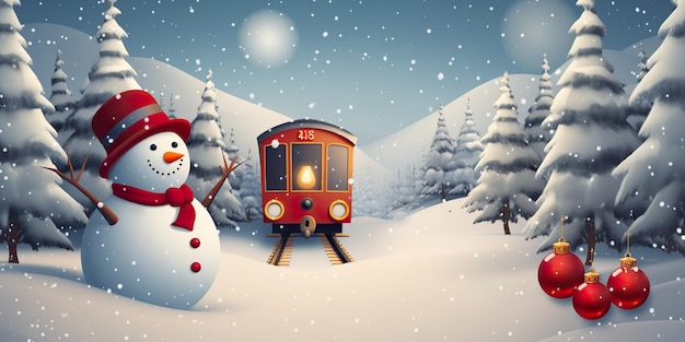 Xmas Trein in sneeuw bos sneeuwpop Kerstmis Nieuwjaar reizen concept kopie ruimte