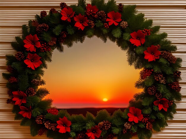 Xmas wreath closeup at sunset with papercutstyle design in sepia tones Generative AI Generated