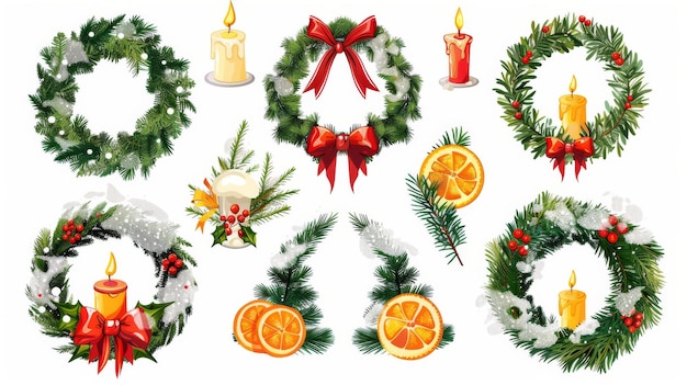 색 바탕에 고립된 크리스마스 꽃받침 전통적인 겨울 휴가 장식의 현대적인 만화 일러스트레이션으로 리본 활을 가진 가지 원과 아벤트 불과 오렌지 조각이 포함되어 있습니다.