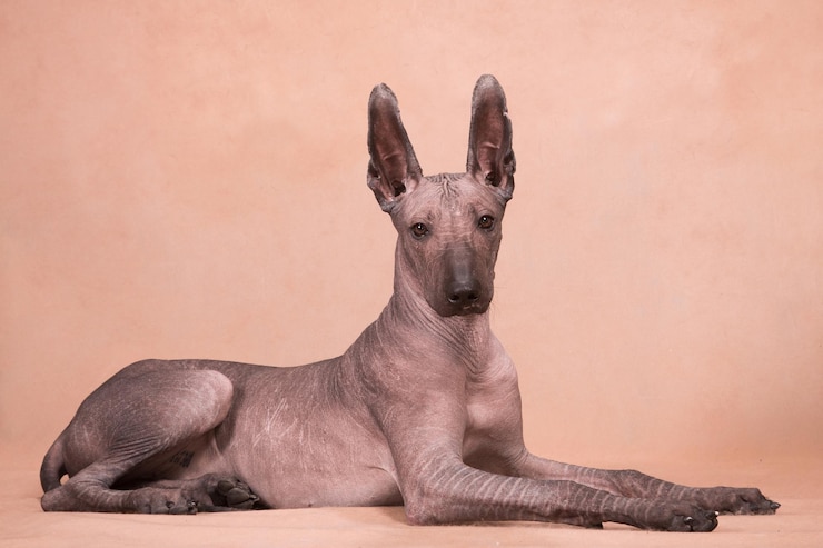 Photo ベージュ色の背景に毛がないメキシコのxoloitzcuintle犬が横たわり,まっすぐに見えます