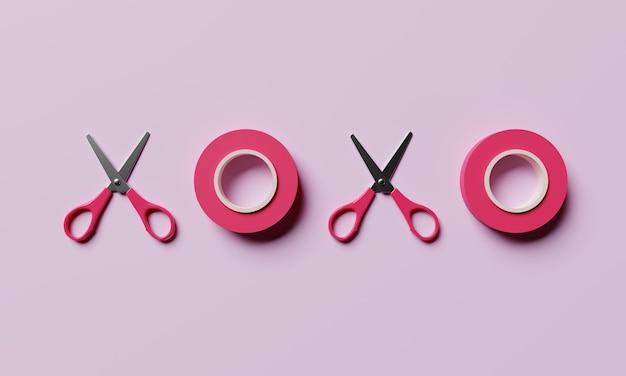 XOXO symbol is an abbreviation for hugs and kisses by scissors and ribbon tape on pink background