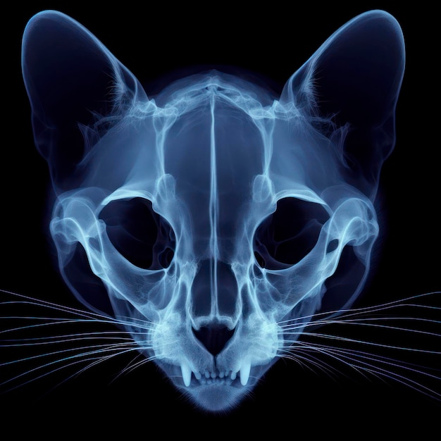 Foto röntgen di un cranio di gatto radiografia a tono blu su sfondo nero ai generativo